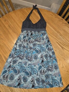 Athleta Teal and Gray Paisley Backless Halter Dress